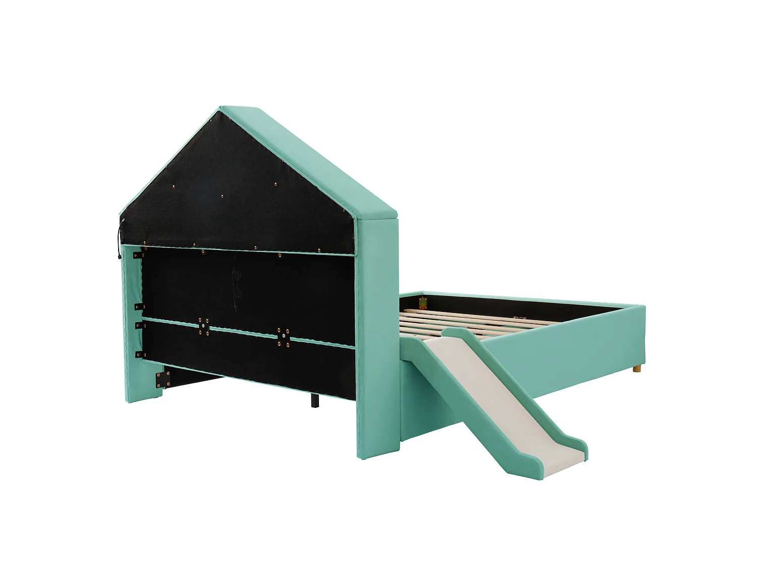 Lit enfant 140x200 cm en velours avec toboggan et port de chargement - Bleu canard