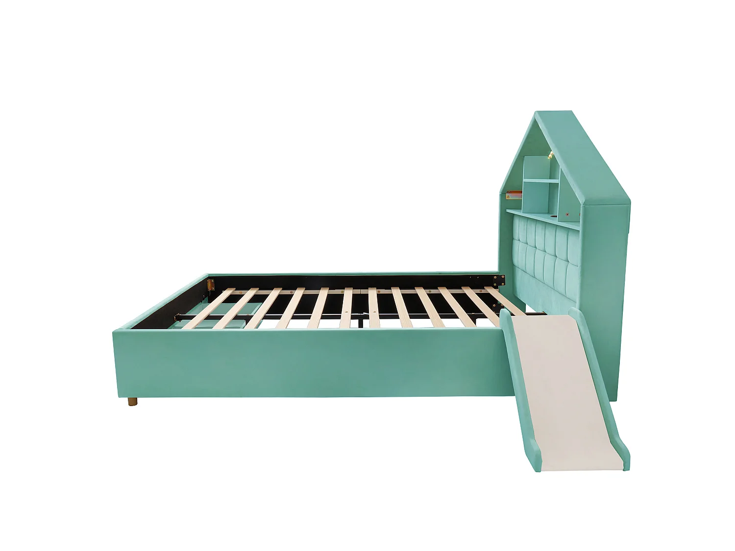 Lit enfant 140x200 cm en velours avec toboggan et port de chargement - Bleu canard
