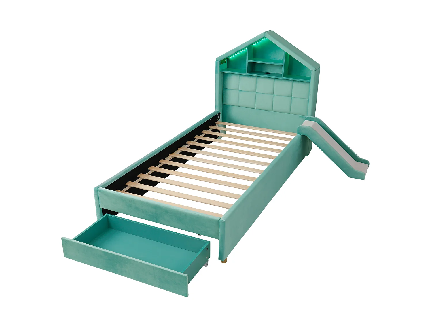 Lit enfant 90x200 cm en velours avec toboggan et LED - Bleu canard
