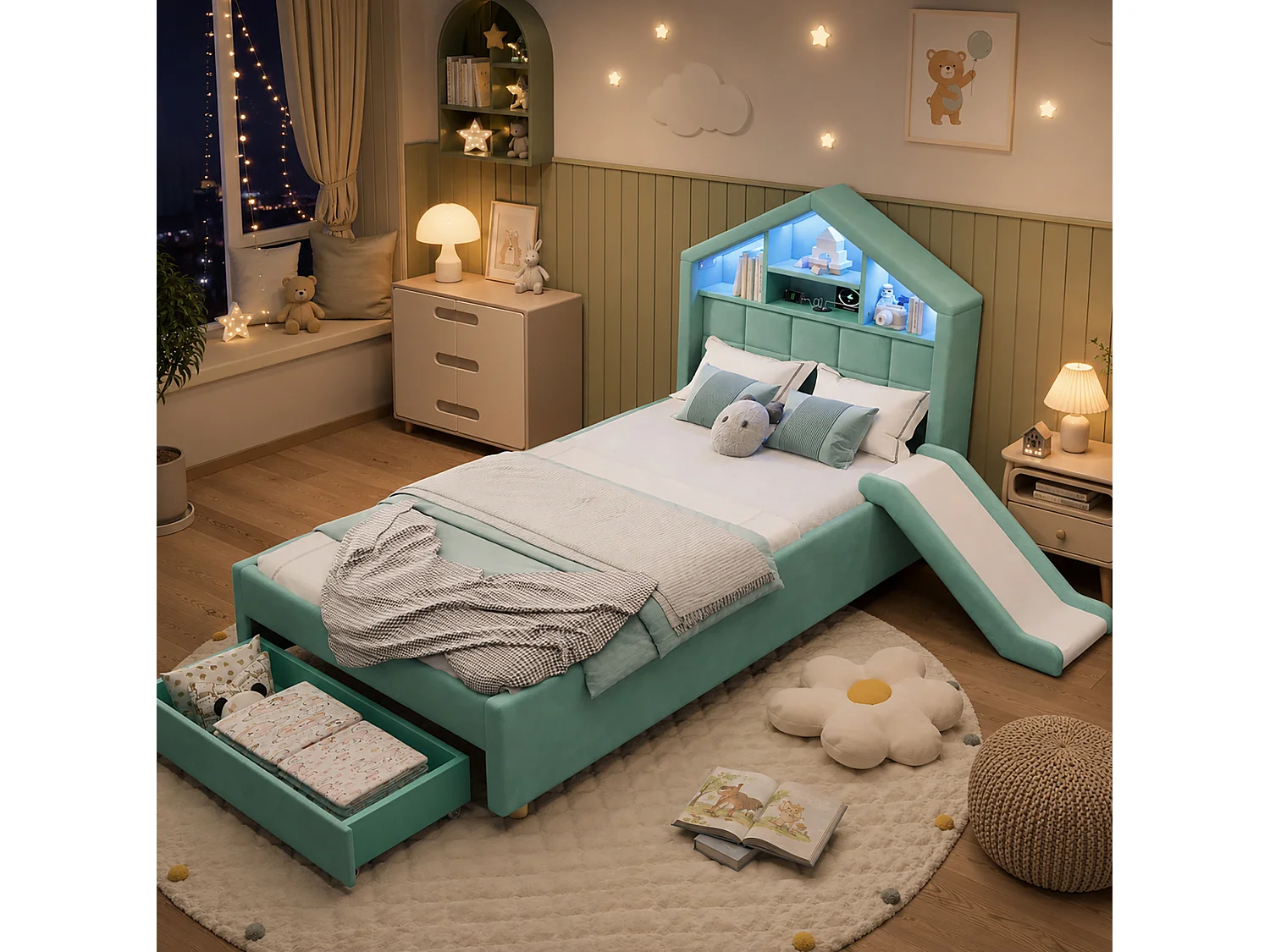 Lit enfant 90x200 cm en velours avec toboggan et LED - Bleu canard