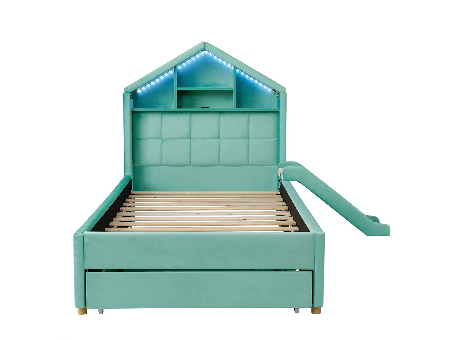 Lit enfant 90x200 cm en velours avec toboggan et LED - Bleu canard