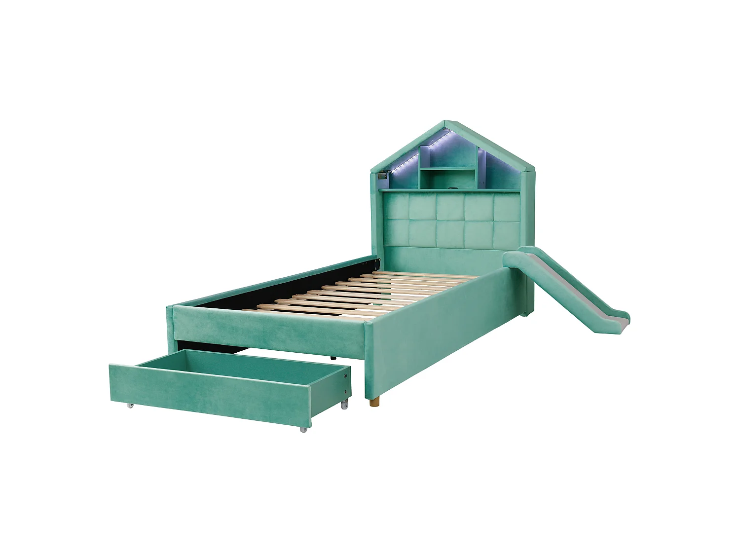 Lit enfant 90x200 cm en velours avec toboggan et LED - Bleu canard