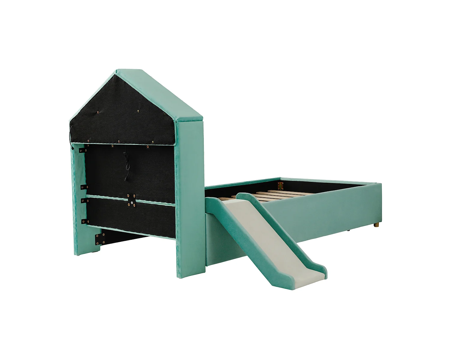 Lit enfant 90x200 cm en velours avec toboggan et LED - Bleu canard