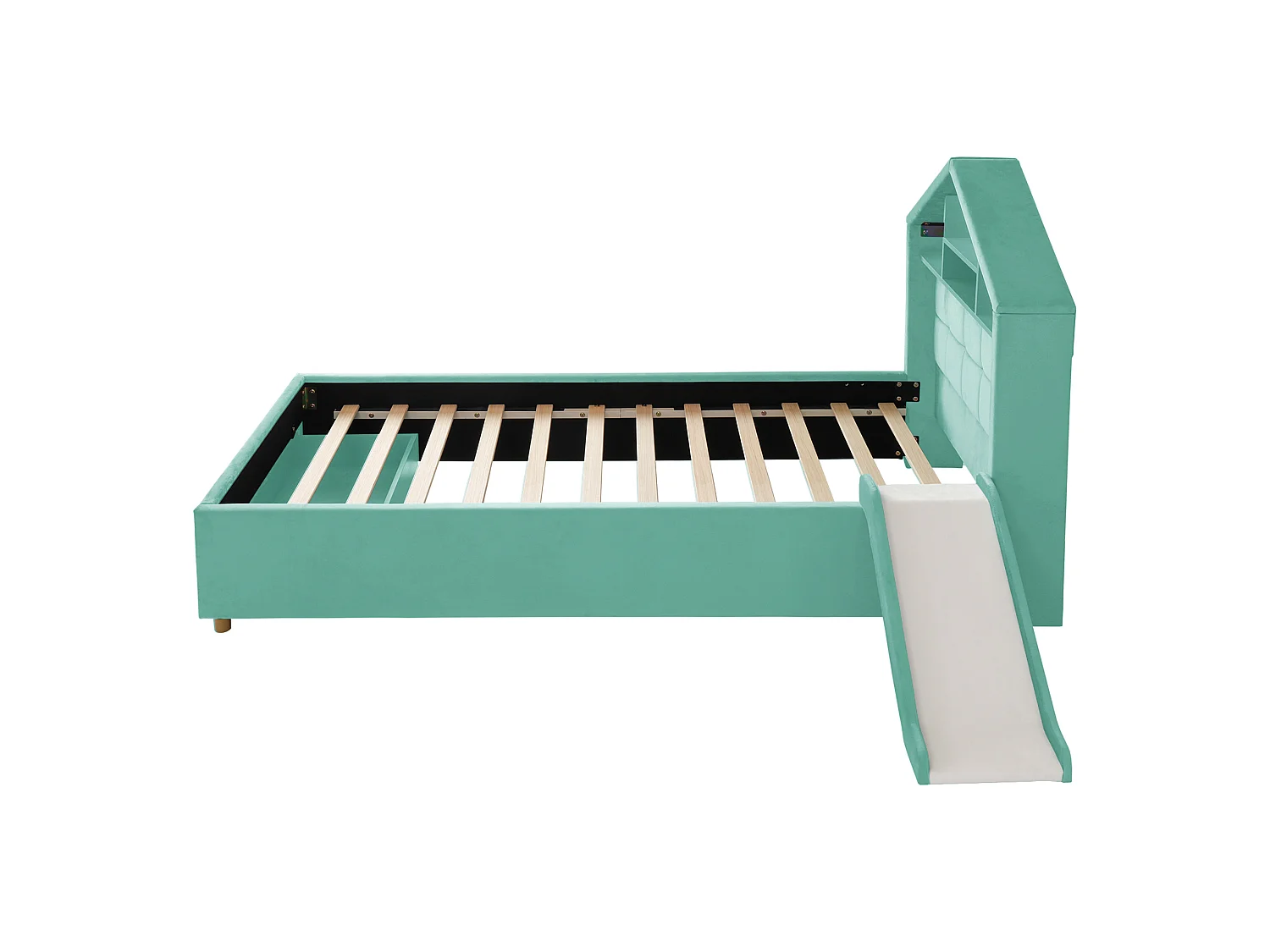 Lit enfant 90x200 cm en velours avec toboggan et LED - Bleu canard