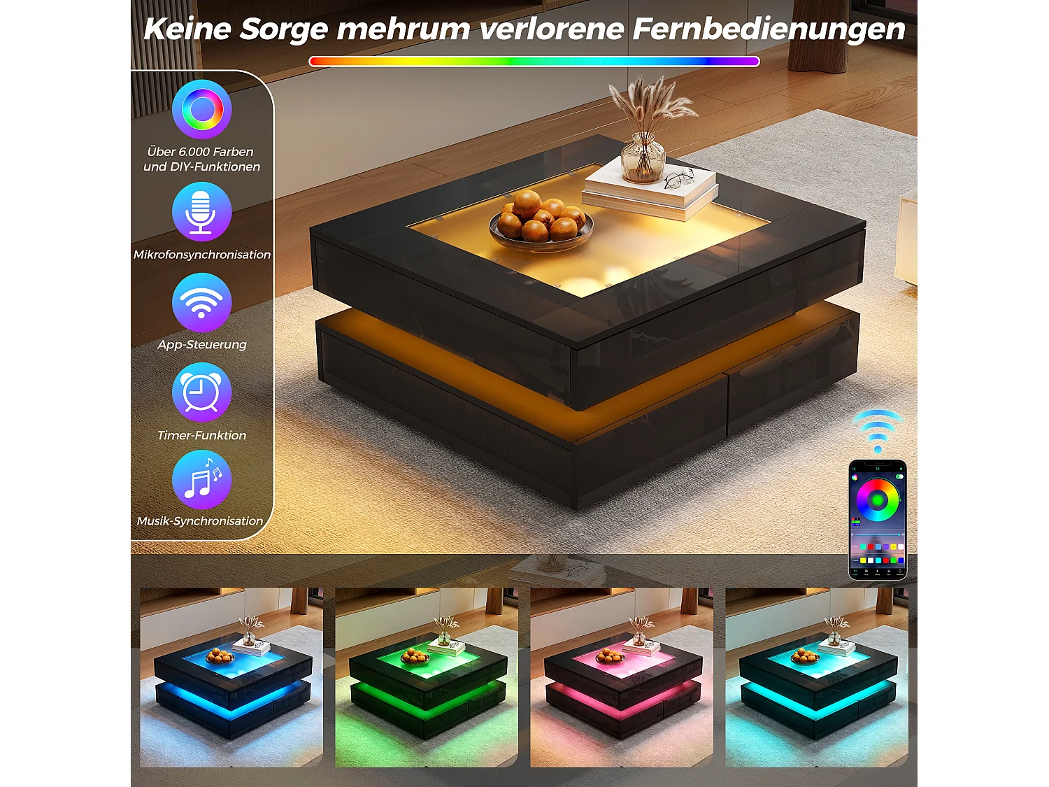 Modernt LED-soffbord 70 x 70 cm med härdat glas och 3 lådor - Spånskiva och glas - Svart