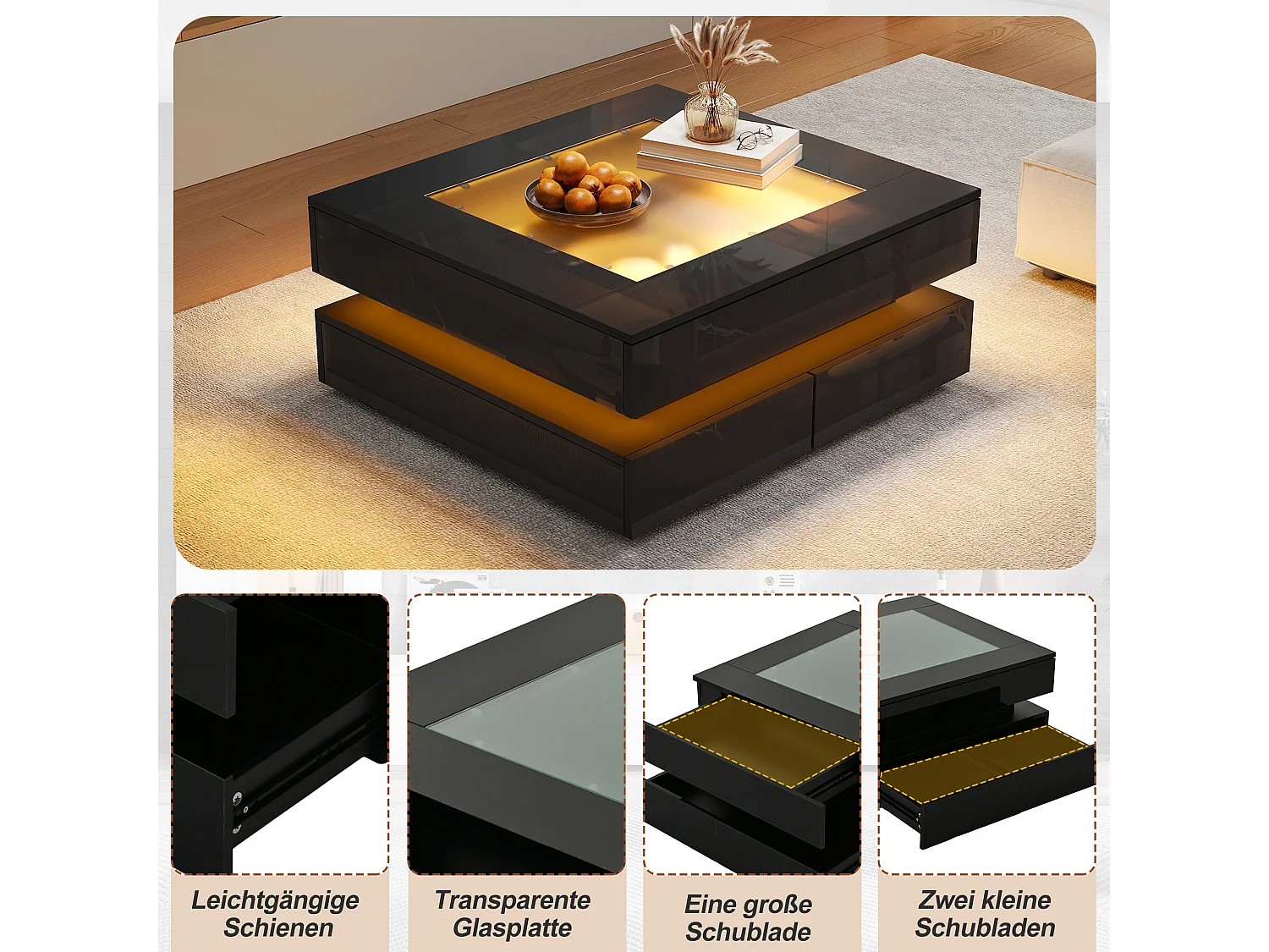 Modernt LED-soffbord 70 x 70 cm med härdat glas och 3 lådor - Spånskiva och glas - Svart
