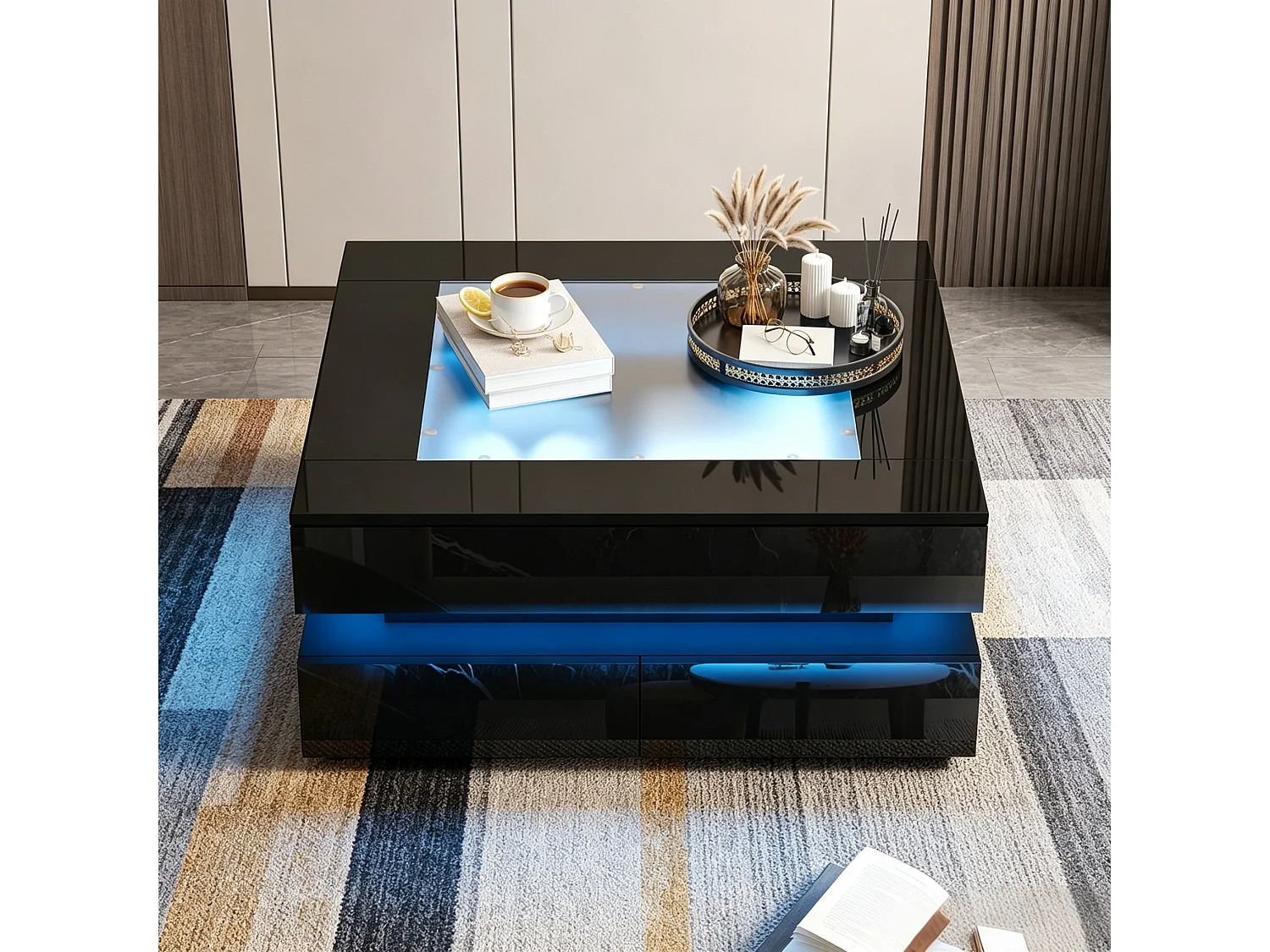 Modernt LED-soffbord 70 x 70 cm med härdat glas och 3 lådor - Spånskiva och glas - Svart