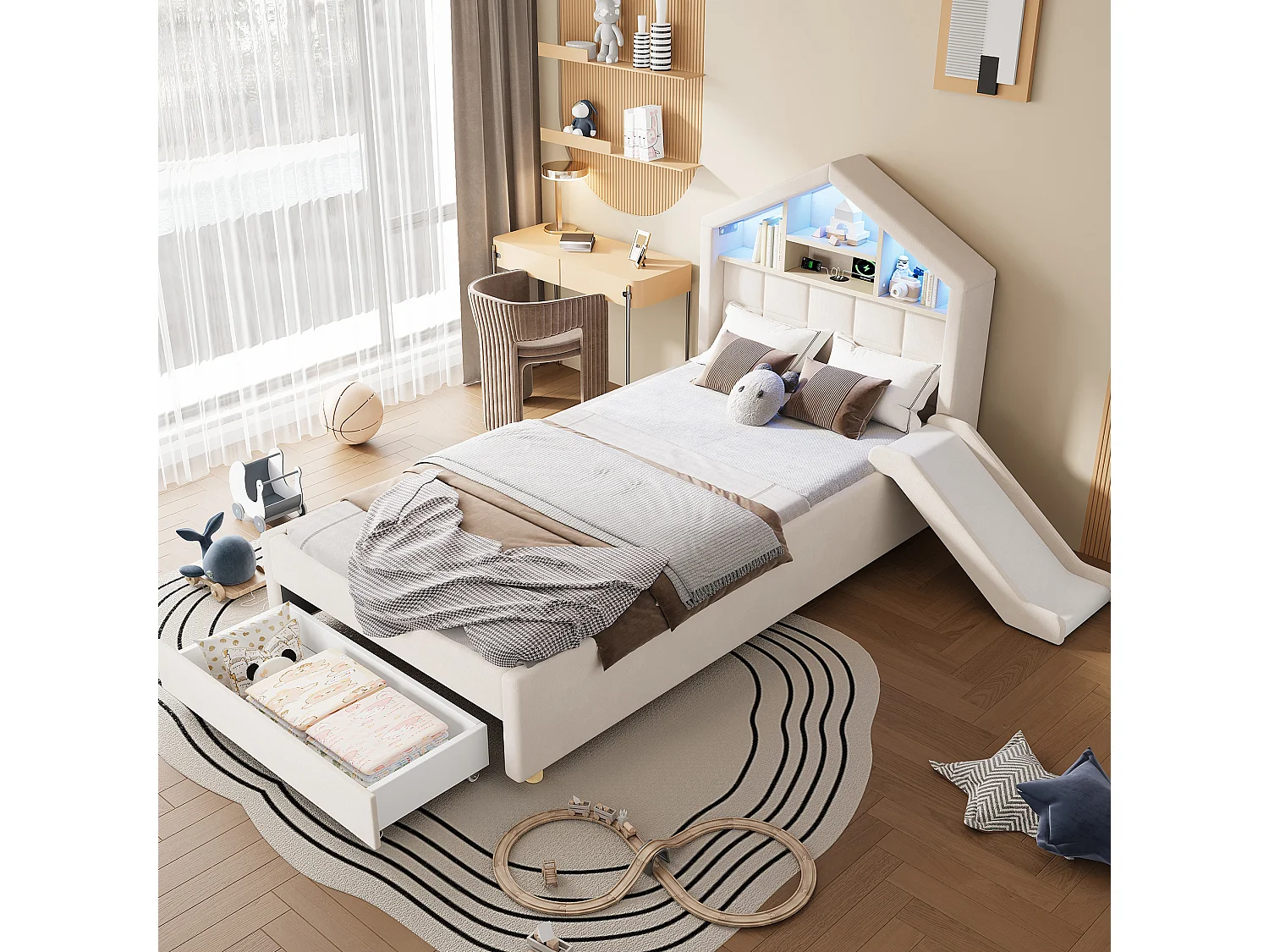 Lit enfant 90x200 cm en velours avec toboggan et LED - Beige