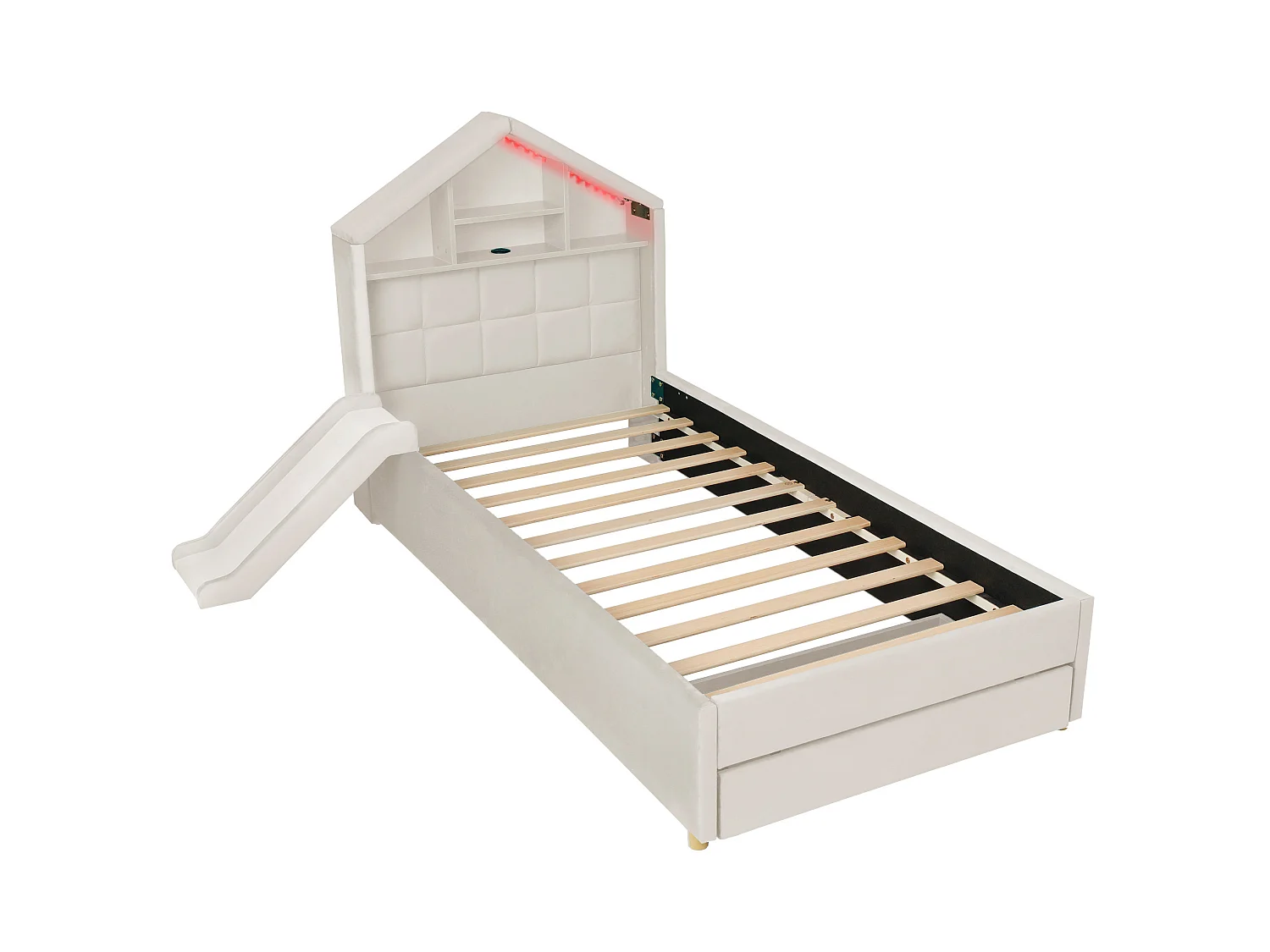 Lit enfant 90x200 cm en velours avec toboggan et LED - Beige