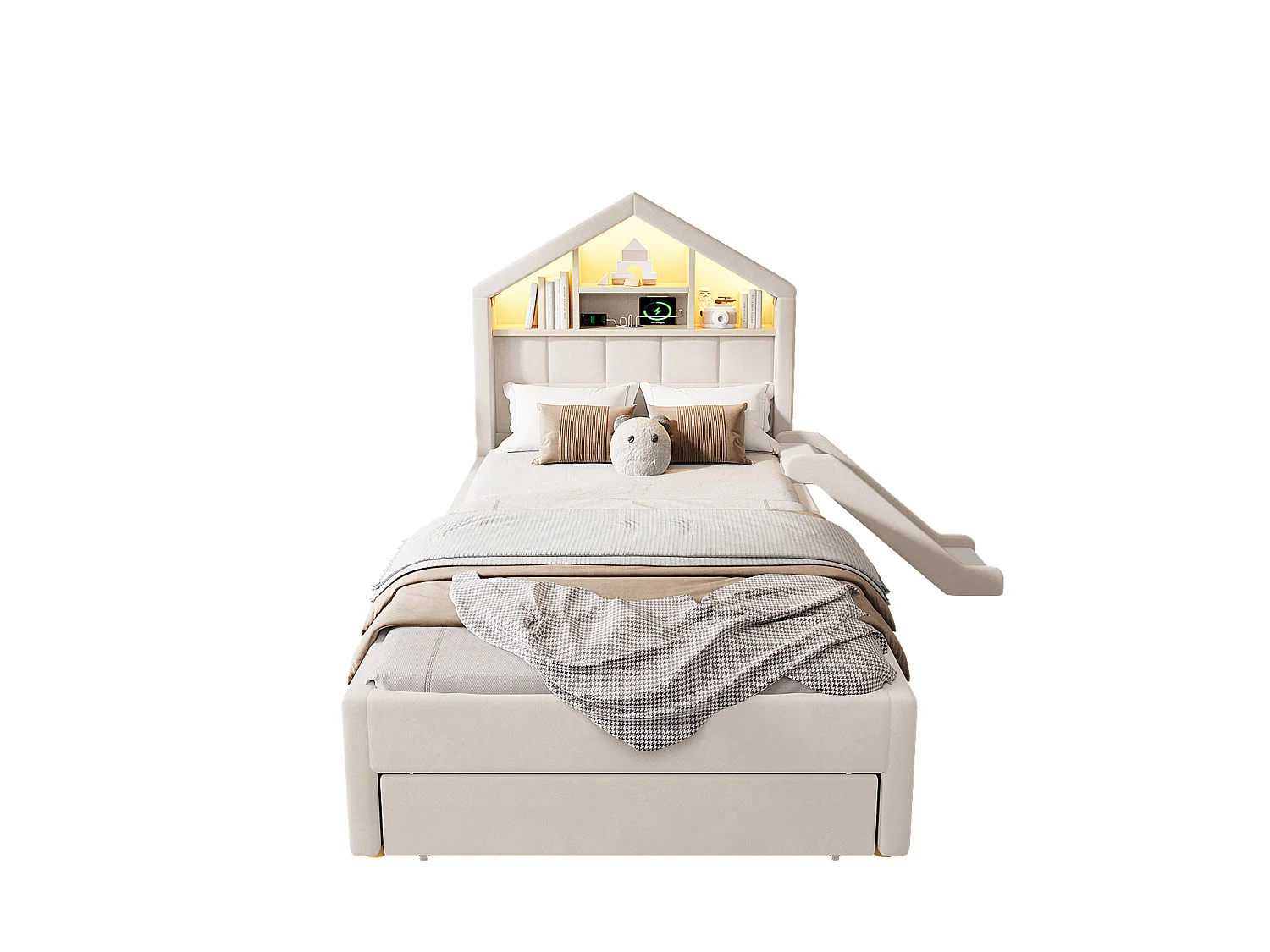 Lit enfant 90x200 cm en velours avec toboggan et LED - Beige