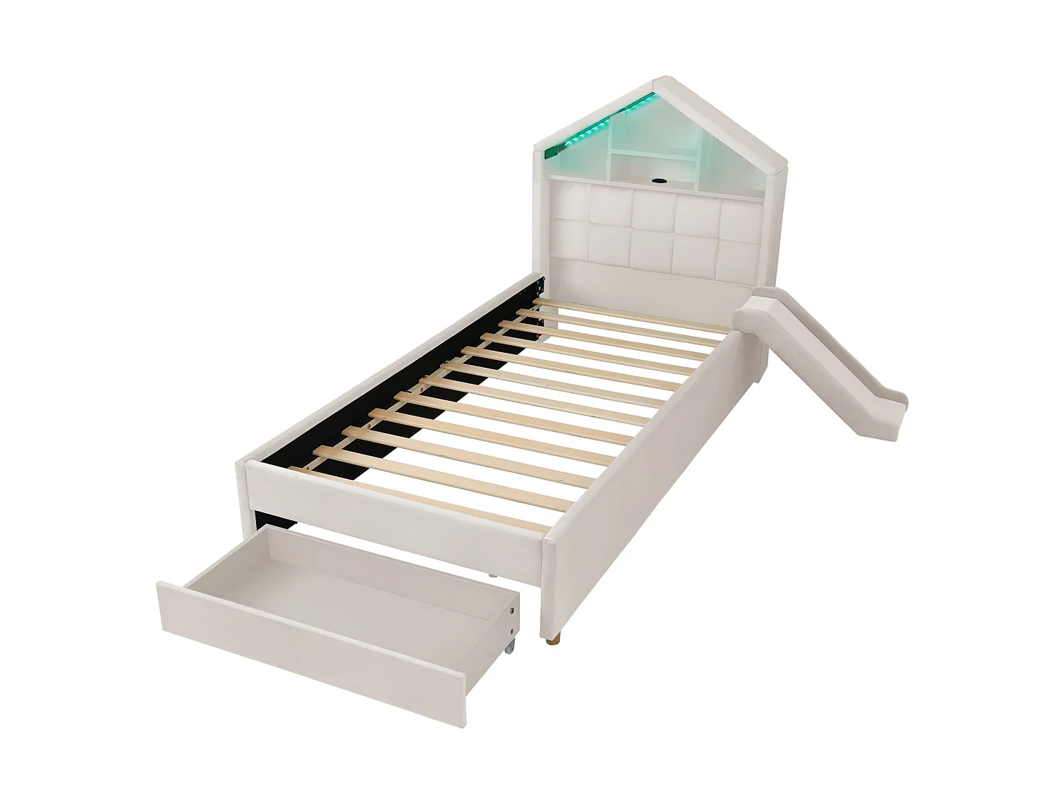 Lit enfant 90x200 cm en velours avec toboggan et LED - Beige
