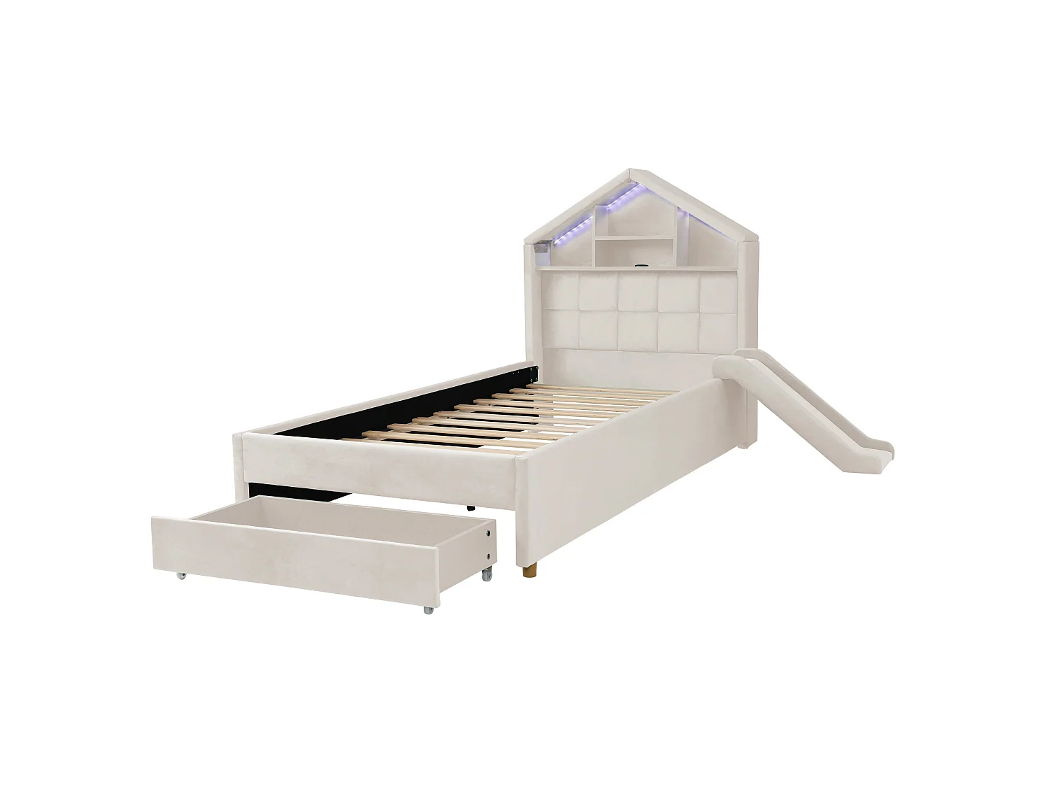Lit enfant 90x200 cm en velours avec toboggan et LED - Beige
