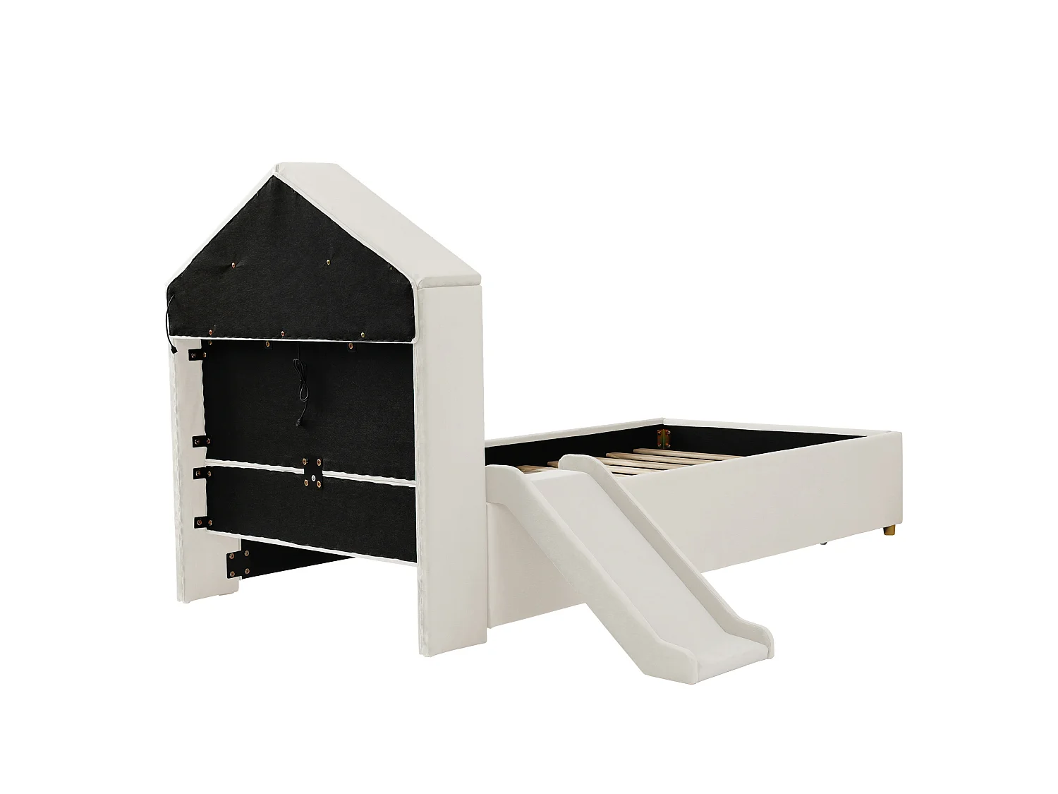 Lit enfant 90x200 cm en velours avec toboggan et LED - Beige
