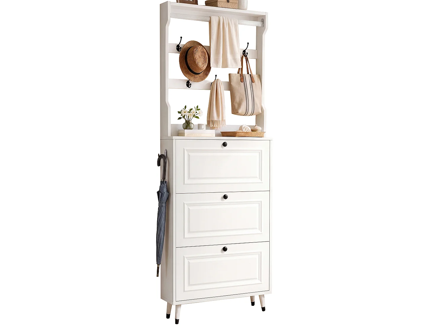 Schuhschrank mit 3 Klapptüren, Kleiderstange und 6 Haken – 66 x 17 x 180 cm – Spanplatte und MDF – Weiß