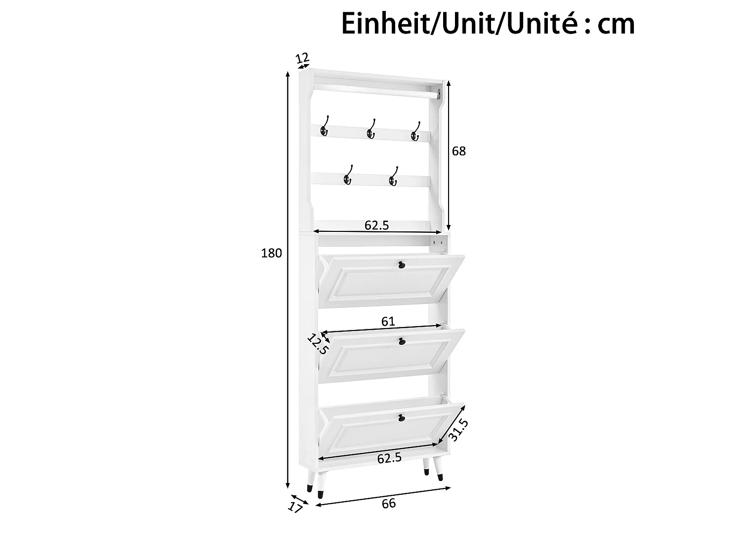 Schuhschrank mit 3 Klapptüren, Kleiderstange und 6 Haken – 66 x 17 x 180 cm – Spanplatte und MDF – Weiß