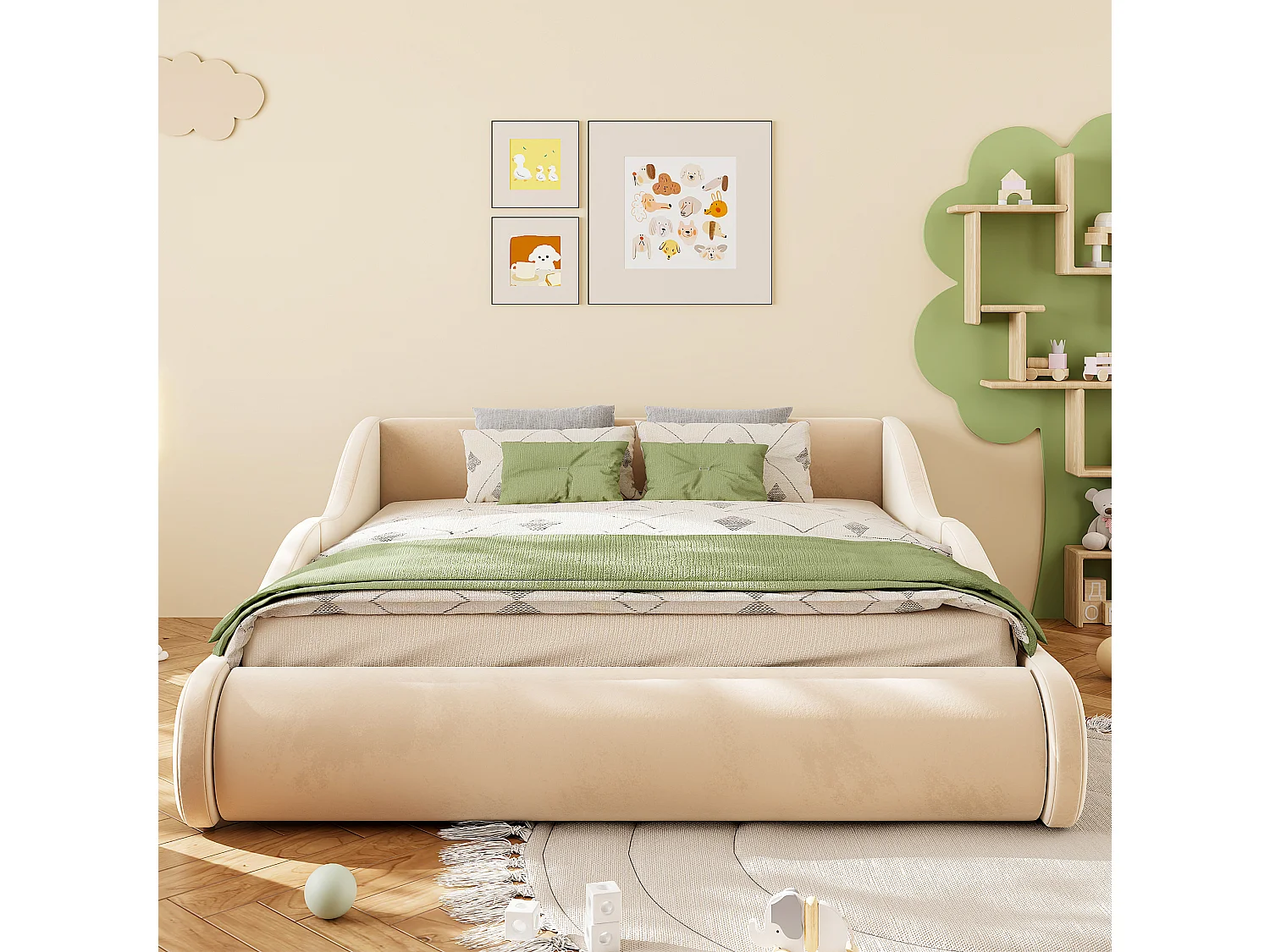 Lit adulte 140x200 cm en velours avec haute tête de lit - Beige