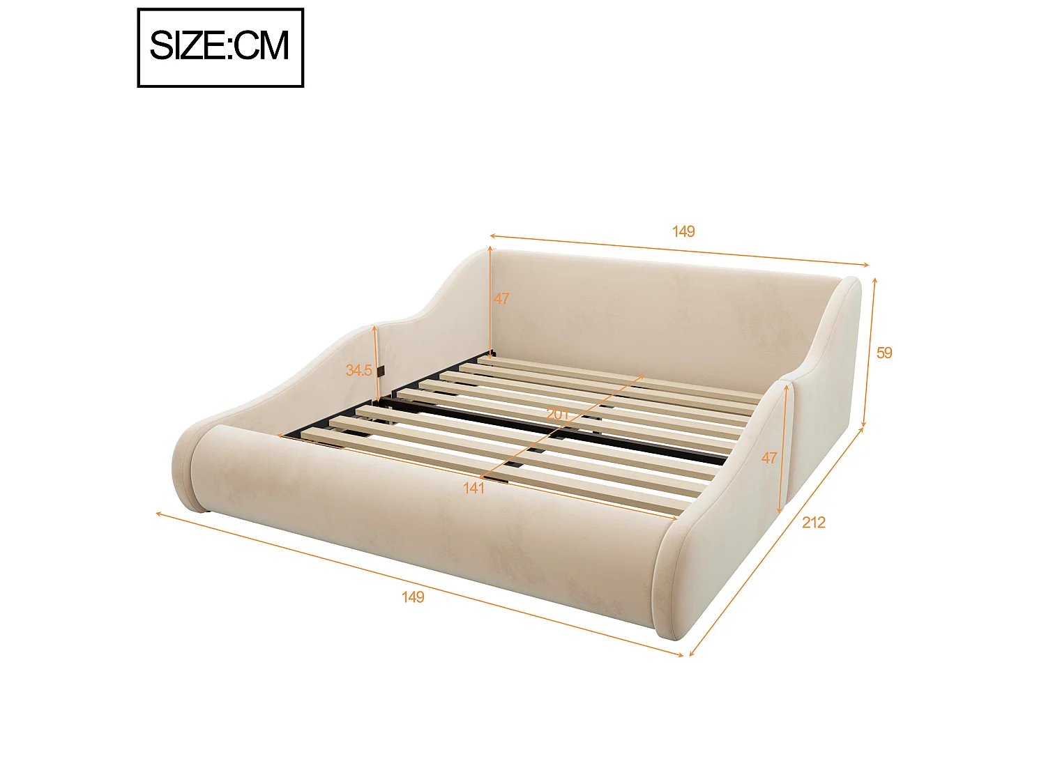 Lit adulte 140x200 cm en velours avec haute tête de lit - Beige