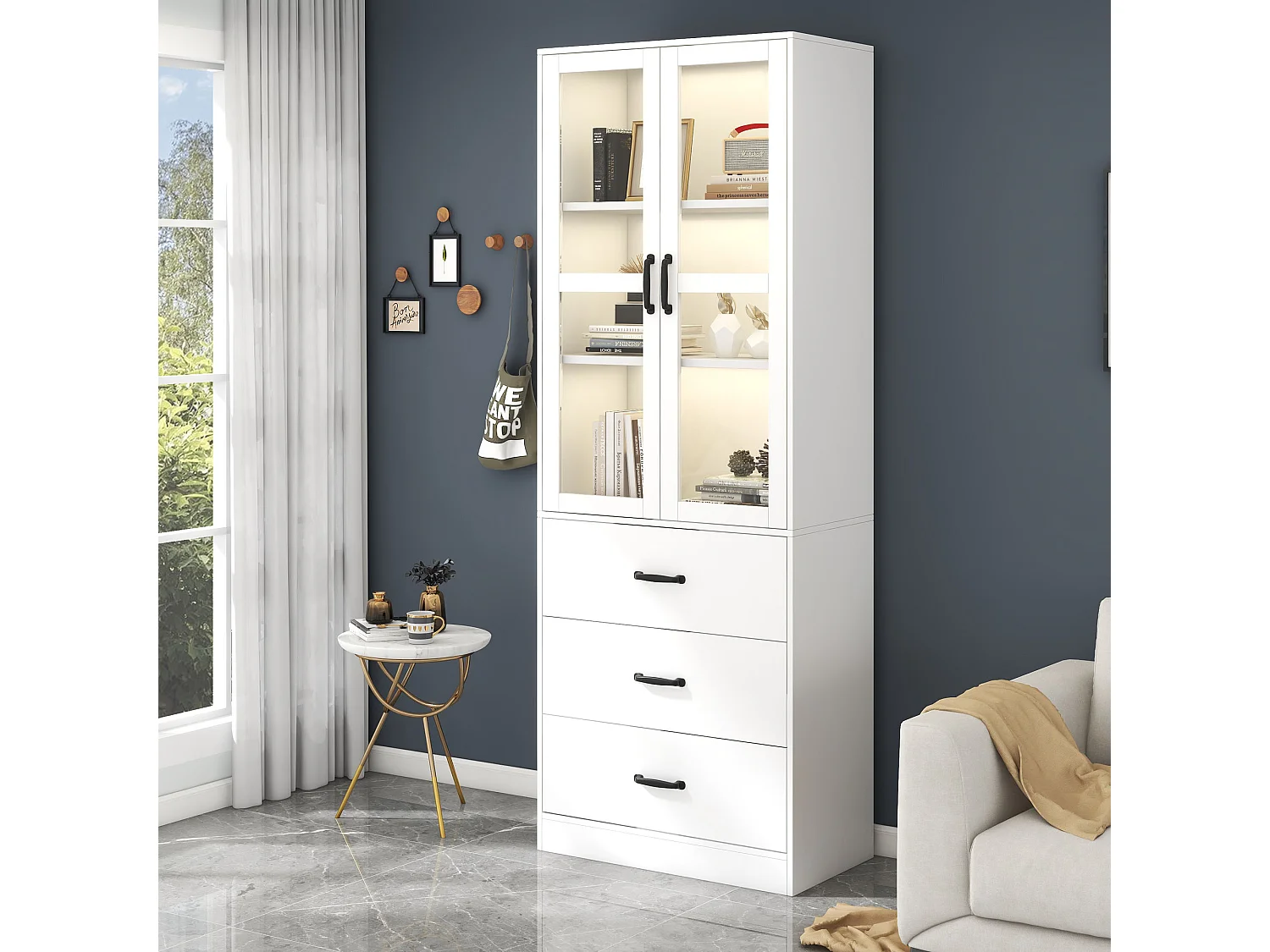 Acryl-Vitrinenschrank mit 2 Türen, 3 Schubladen, verstellbaren Einlegeböden und LED-Beleuchtung – Spanplatte, MDF – 60 × 40 × 200 cm – Weiß