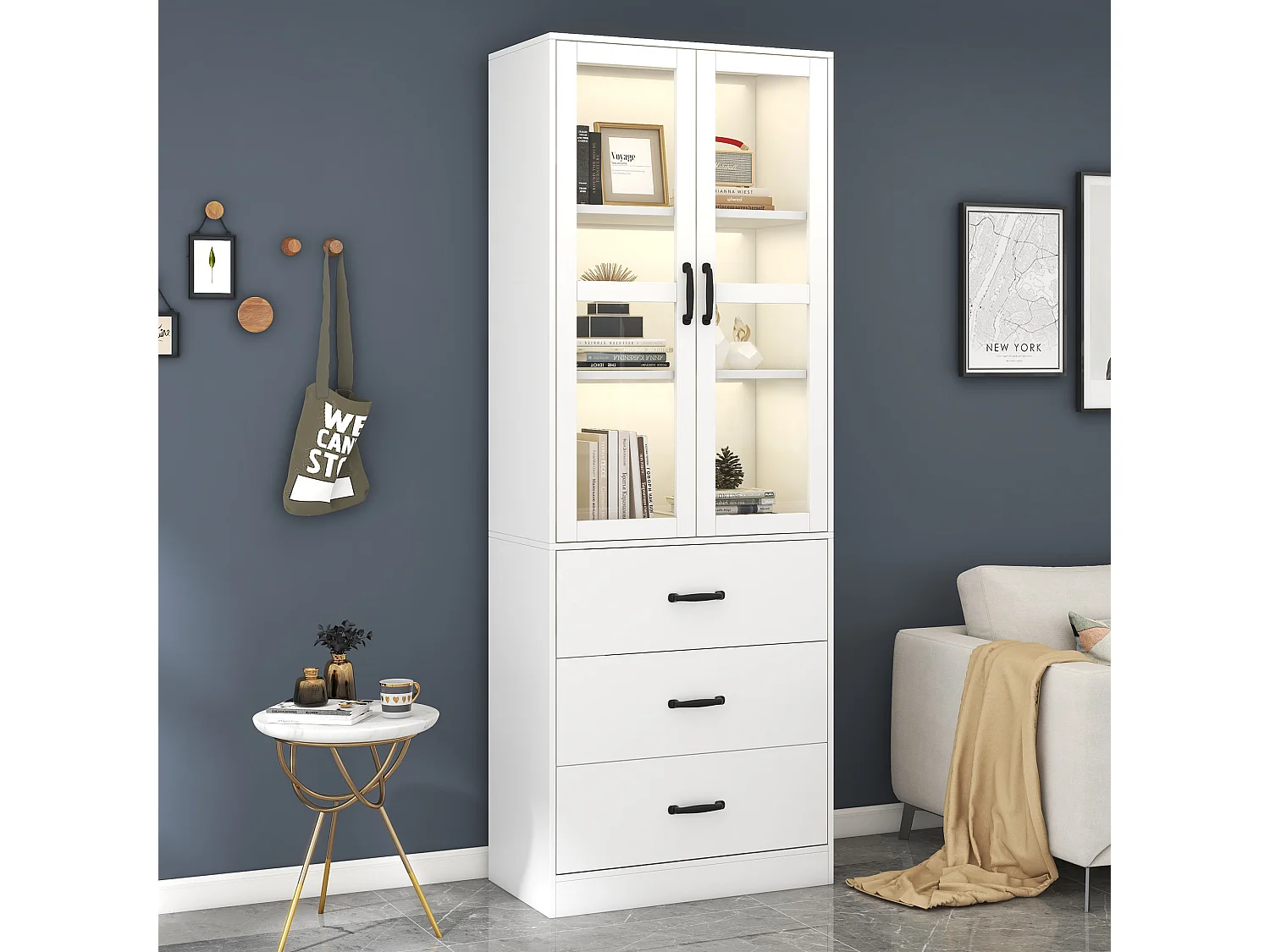 Acryl-Vitrinenschrank mit 2 Türen, 3 Schubladen, verstellbaren Einlegeböden und LED-Beleuchtung – Spanplatte, MDF – 60 × 40 × 200 cm – Weiß