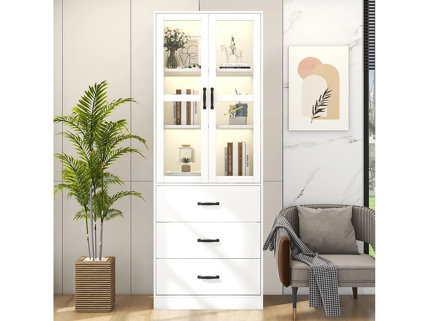 Acryl-Vitrinenschrank mit 2 Türen, 3 Schubladen, verstellbaren Einlegeböden und LED-Beleuchtung – Spanplatte, MDF – 60 × 40 × 200 cm – Weiß
