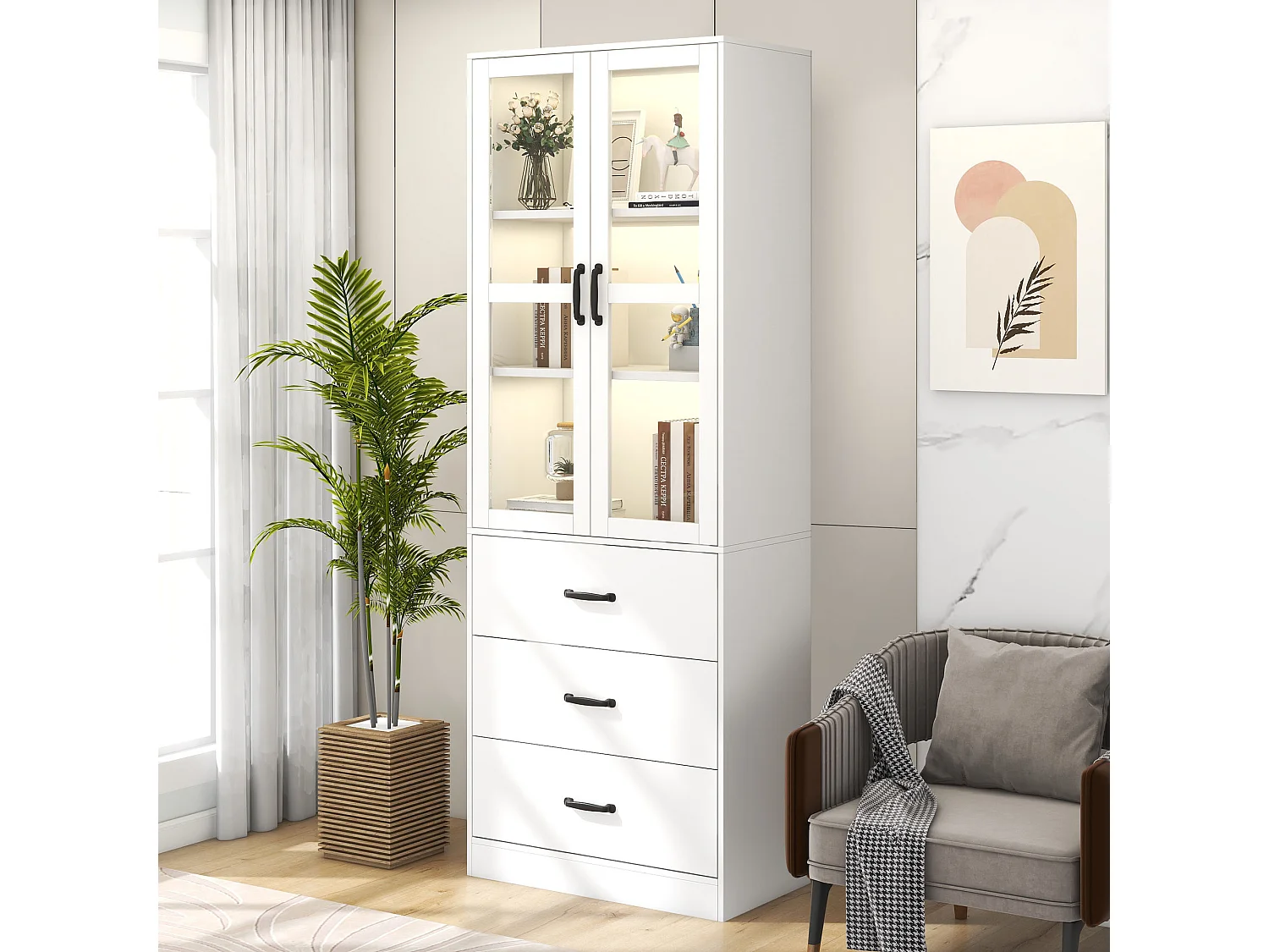 Acryl-Vitrinenschrank mit 2 Türen, 3 Schubladen, verstellbaren Einlegeböden und LED-Beleuchtung – Spanplatte, MDF – 60 × 40 × 200 cm – Weiß