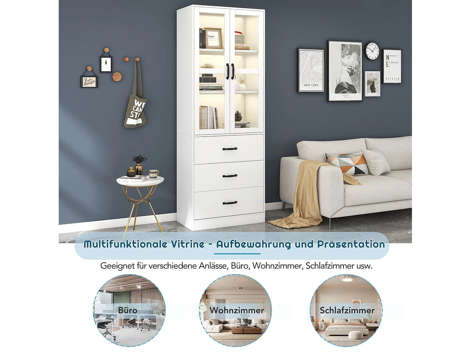 Acryl-Vitrinenschrank mit 2 Türen, 3 Schubladen, verstellbaren Einlegeböden und LED-Beleuchtung – Spanplatte, MDF – 60 × 40 × 200 cm – Weiß