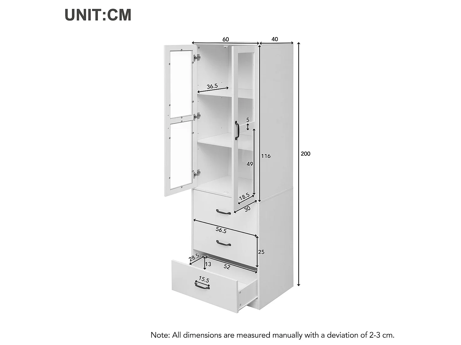 Acryl-Vitrinenschrank mit 2 Türen, 3 Schubladen, verstellbaren Einlegeböden und LED-Beleuchtung – Spanplatte, MDF – 60 × 40 × 200 cm – Weiß
