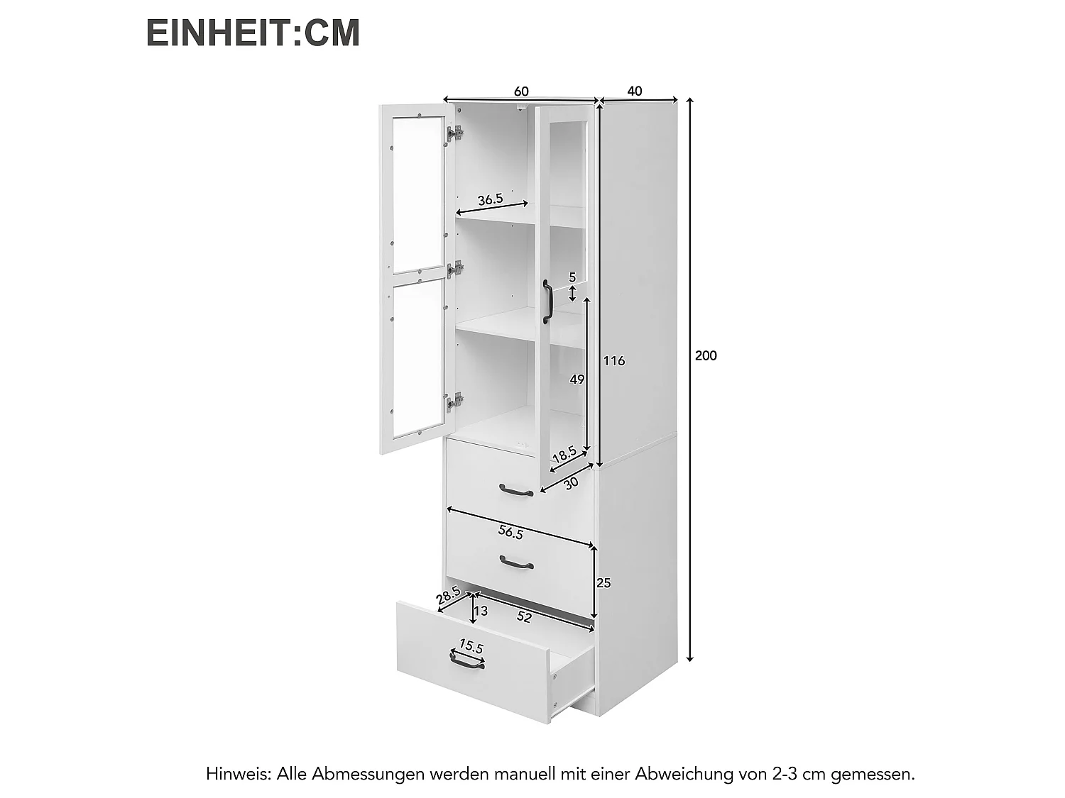 Acryl-Vitrinenschrank mit 2 Türen, 3 Schubladen, verstellbaren Einlegeböden und LED-Beleuchtung – Spanplatte, MDF – 60 × 40 × 200 cm – Weiß