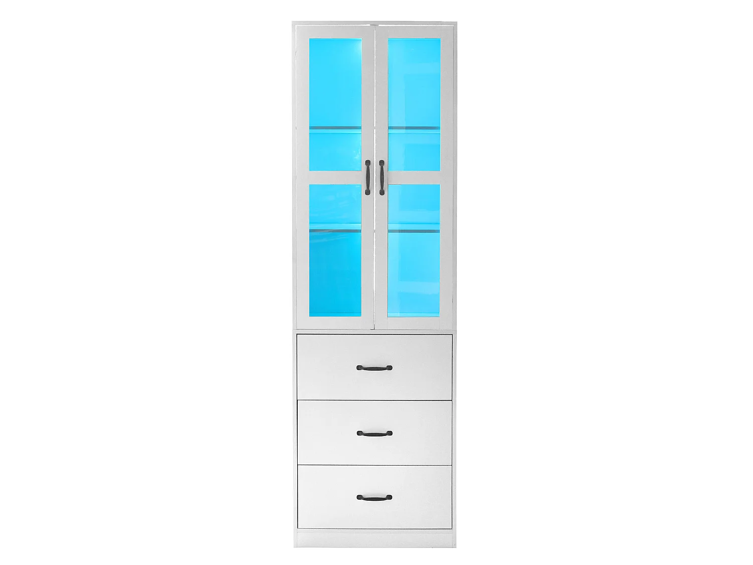 Acryl-Vitrinenschrank mit 2 Türen, 3 Schubladen, verstellbaren Einlegeböden und LED-Beleuchtung – Spanplatte, MDF – 60 × 40 × 200 cm – Weiß