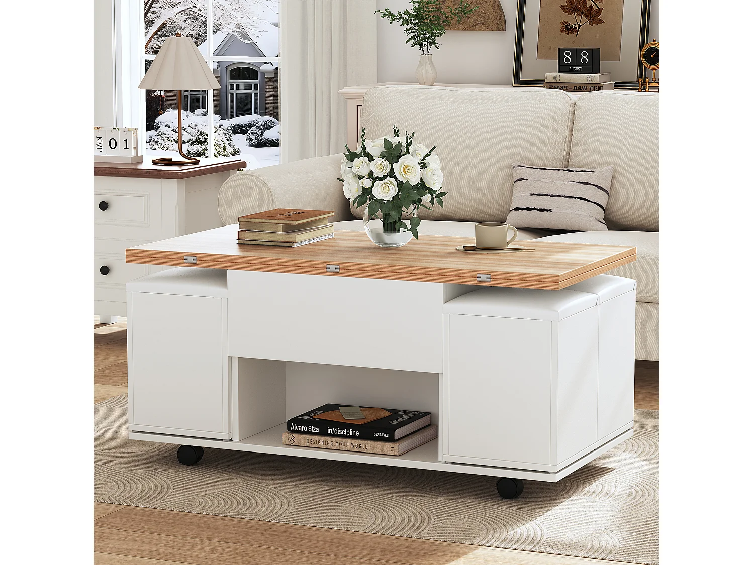 Lift-top coffee table with 4 stools, extendable top - Particleboard - 100 x 100 x 48/64.5 cm - White and wood