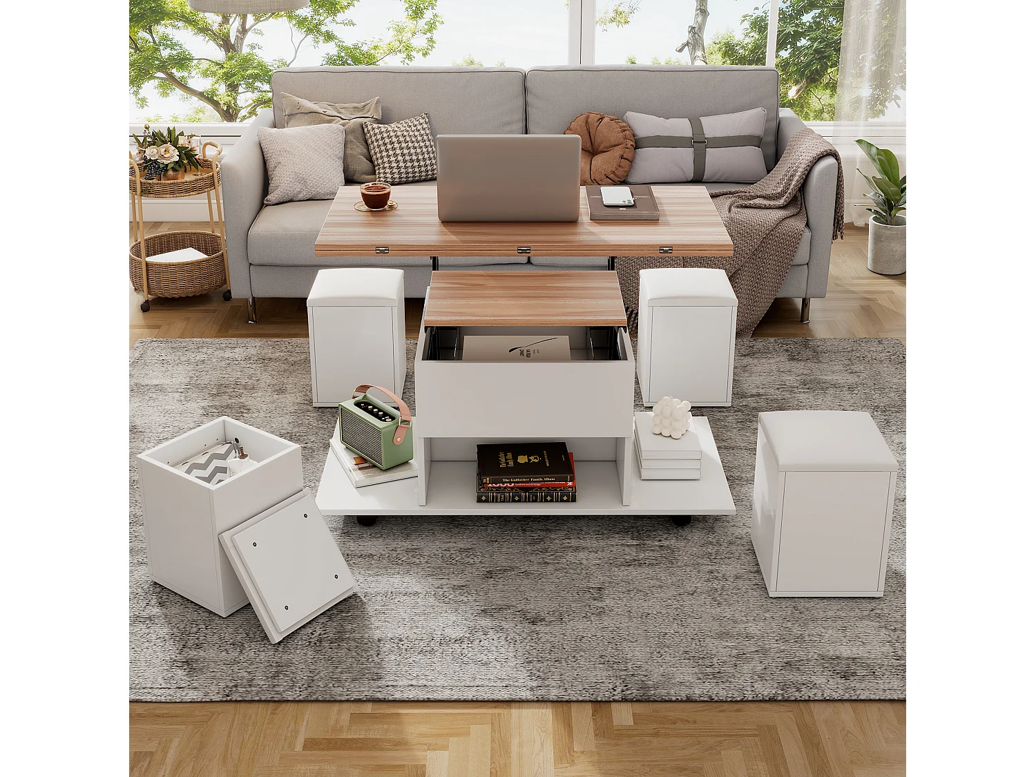 Lift-top coffee table with 4 stools, extendable top - Particleboard - 100 x 100 x 48/64.5 cm - White and wood