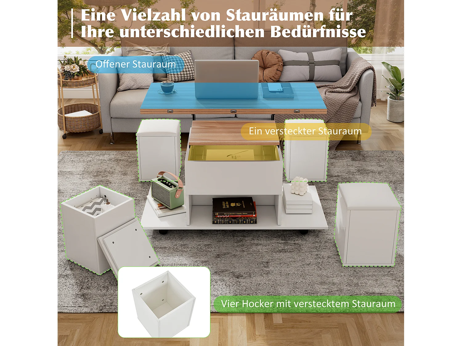 Lift-top coffee table with 4 stools, extendable top - Particleboard - 100 x 100 x 48/64.5 cm - White and wood