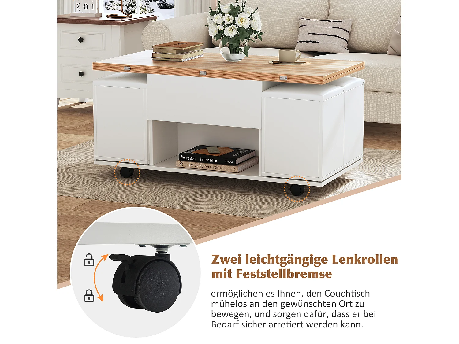 Lift-top coffee table with 4 stools, extendable top - Particleboard - 100 x 100 x 48/64.5 cm - White and wood