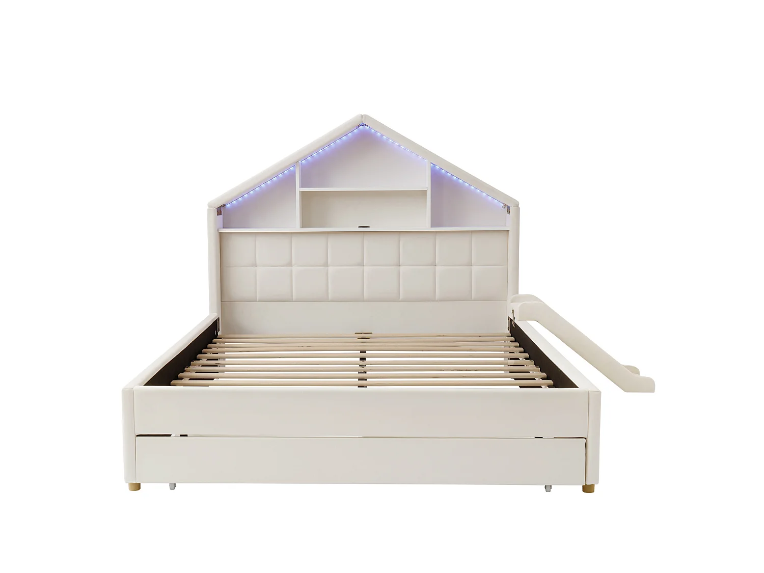 Lit enfant 140x200 cm en velours avec toboggan et port de chargement - Beige