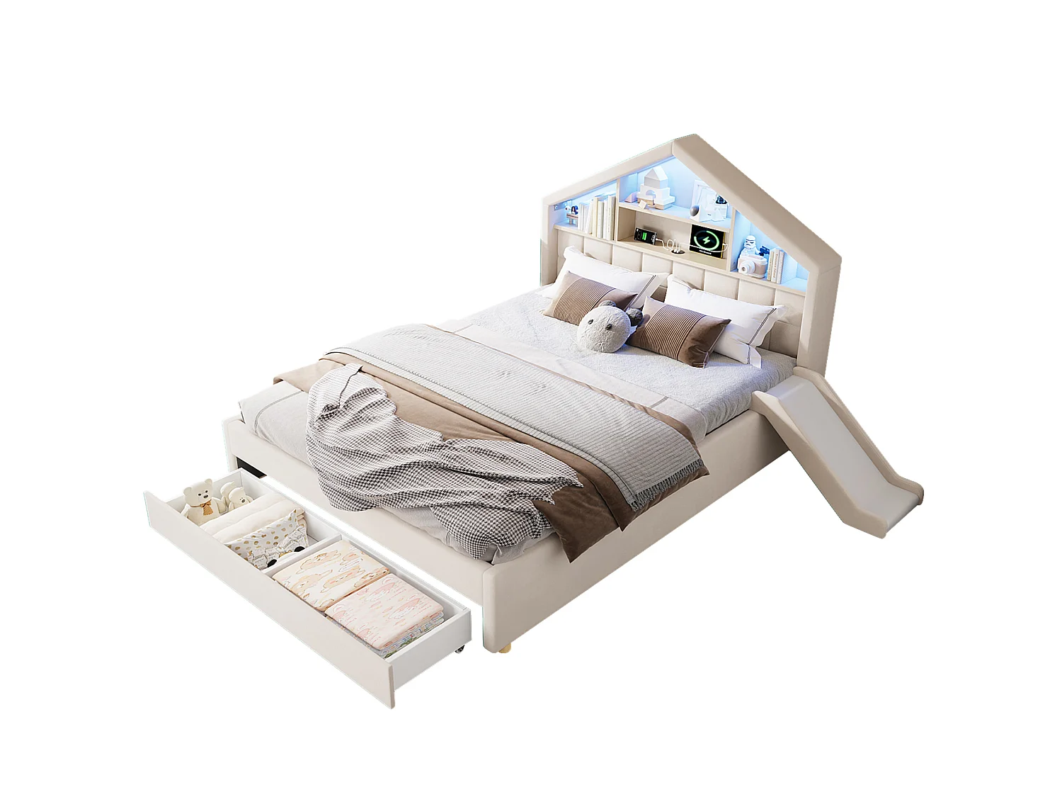 Lit enfant 140x200 cm en velours avec toboggan et port de chargement - Beige