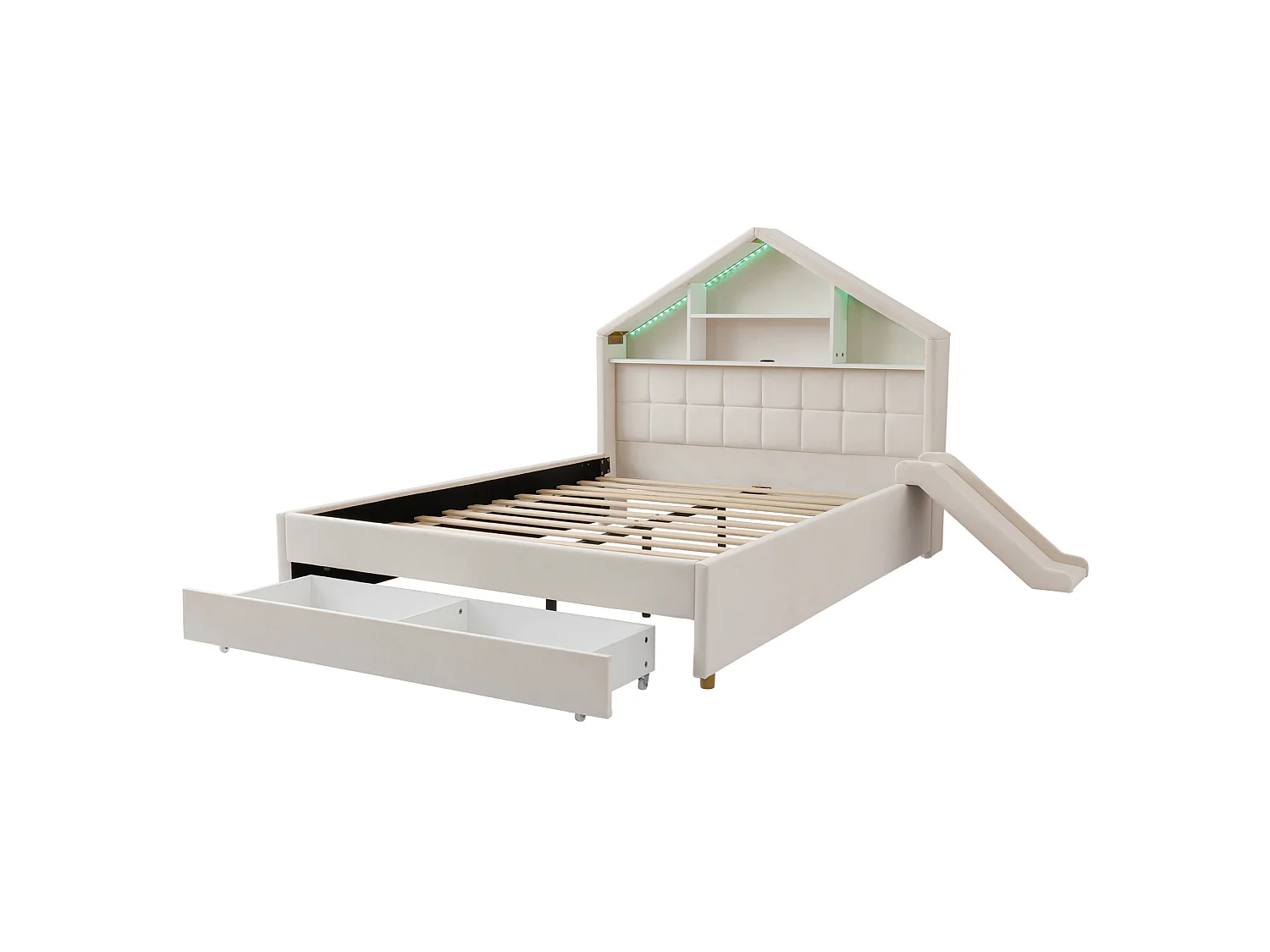 Lit enfant 140x200 cm en velours avec toboggan et port de chargement - Beige
