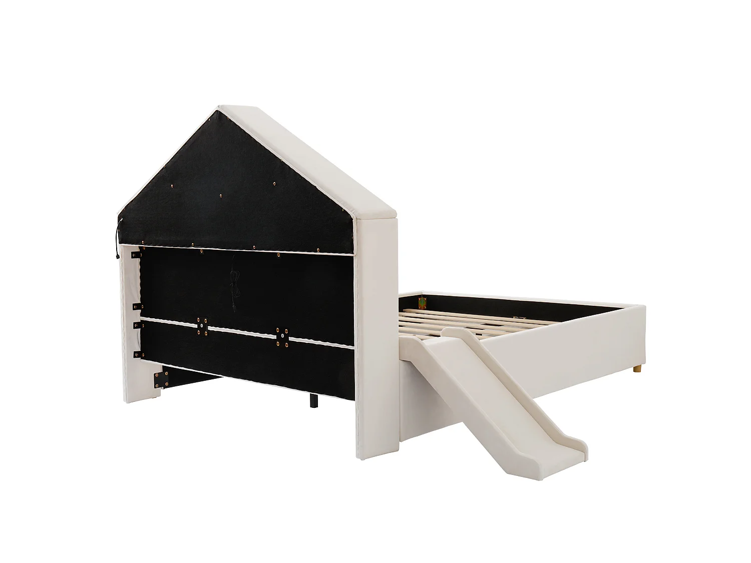 Lit enfant 140x200 cm en velours avec toboggan et port de chargement - Beige