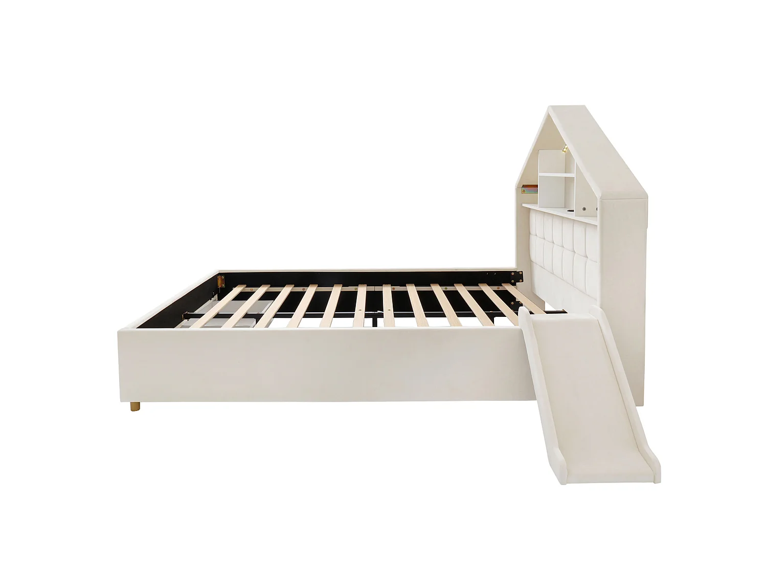 Lit enfant 140x200 cm en velours avec toboggan et port de chargement - Beige