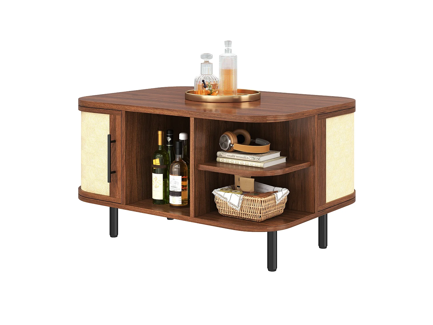 Coffee table with side storage, open shelves and 2 doors – 80 x 60 x 47 cm – MDF – Walnut