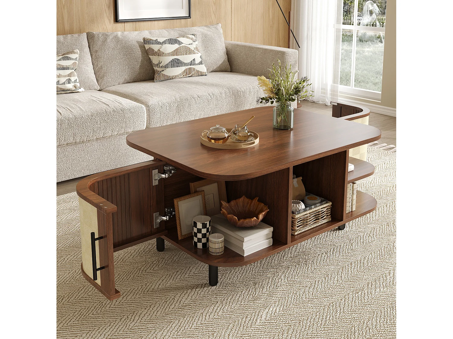 Coffee table with side storage, open shelves and 2 doors – 80 x 60 x 47 cm – MDF – Walnut