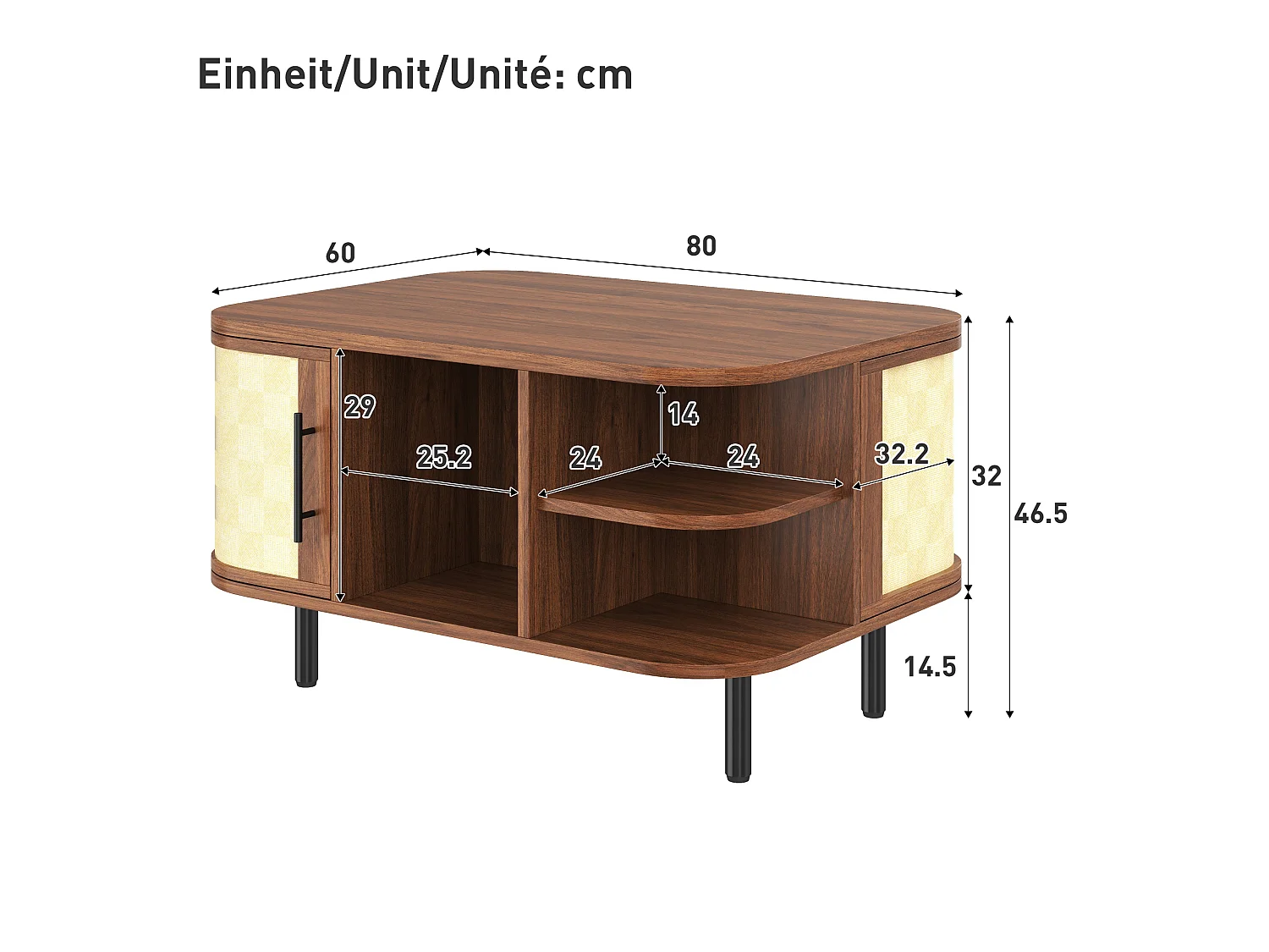 Coffee table with side storage, open shelves and 2 doors – 80 x 60 x 47 cm – MDF – Walnut
