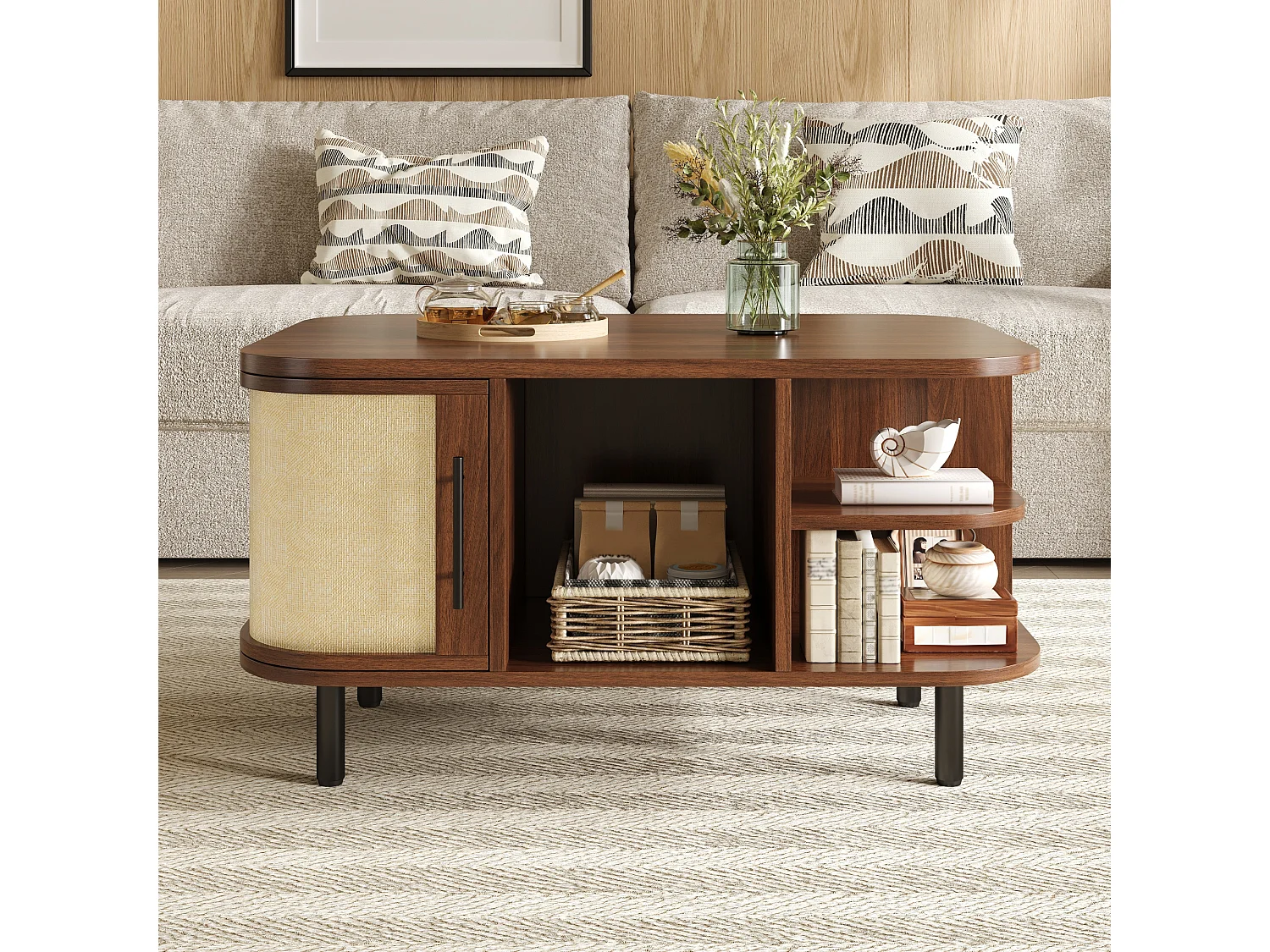 Coffee table with side storage, open shelves and 2 doors – 80 x 60 x 47 cm – MDF – Walnut