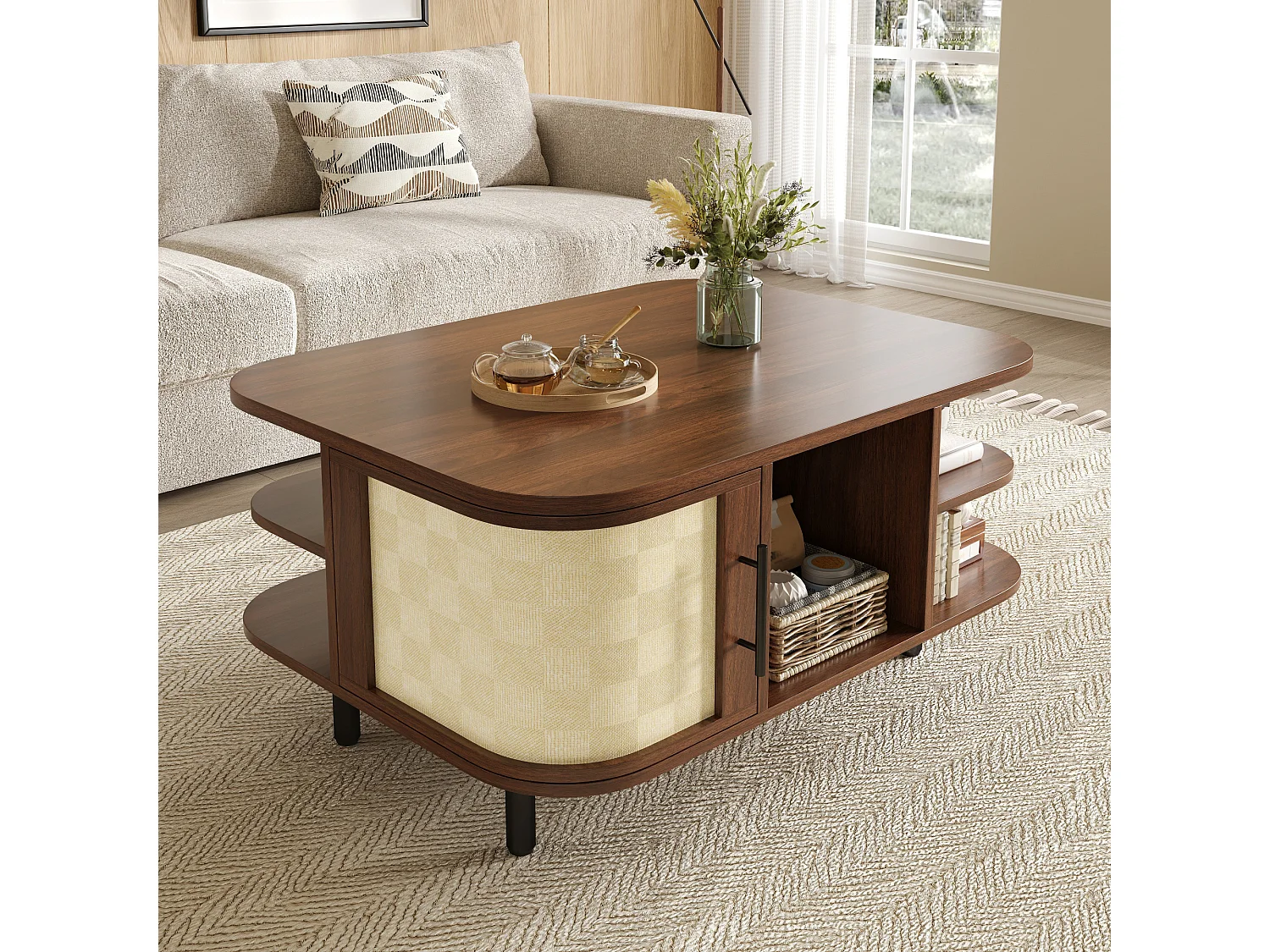 Coffee table with side storage, open shelves and 2 doors – 80 x 60 x 47 cm – MDF – Walnut