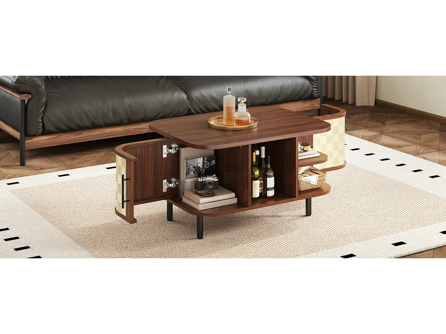 Coffee table with side storage, open shelves and 2 doors – 80 x 60 x 47 cm – MDF – Walnut