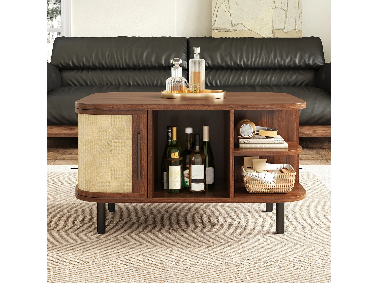 Coffee table with side storage, open shelves and 2 doors – 80 x 60 x 47 cm – MDF – Walnut