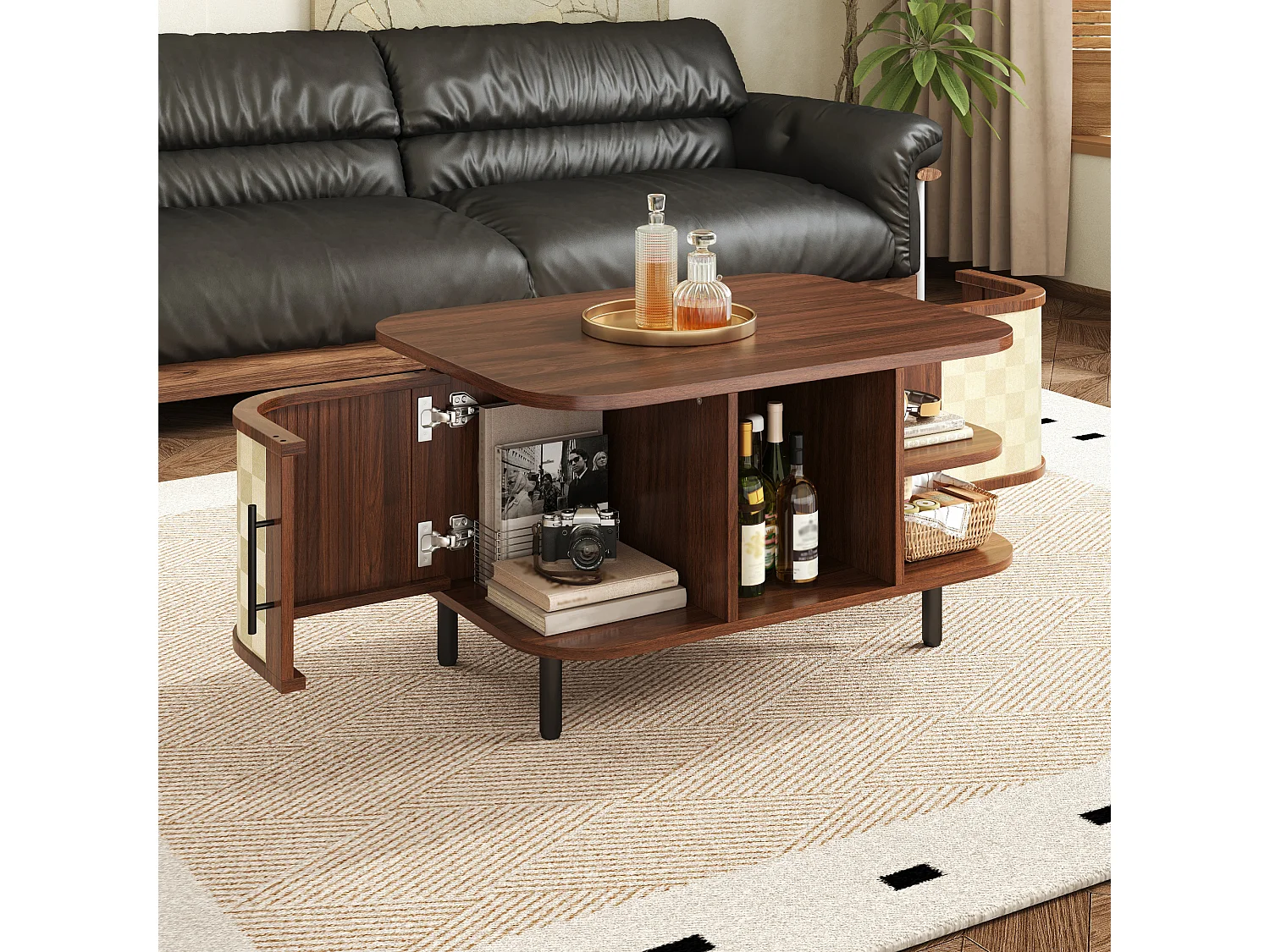 Coffee table with side storage, open shelves and 2 doors – 80 x 60 x 47 cm – MDF – Walnut