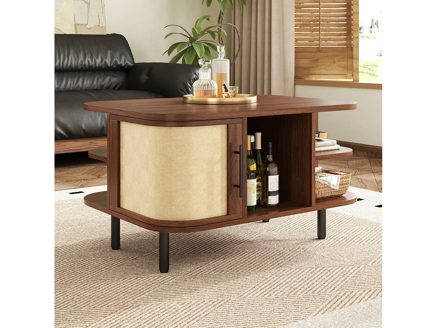Coffee table with side storage, open shelves and 2 doors – 80 x 60 x 47 cm – MDF – Walnut
