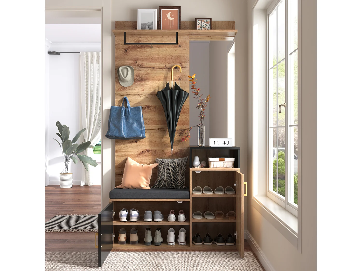 Schuhschrank-Set + Schuhbank + Spiegel + Garderobenständer – Spanplatte und MDF – Natur und Schwarz