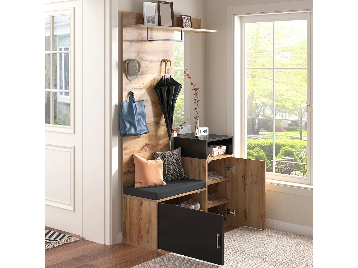 Schuhschrank-Set + Schuhbank + Spiegel + Garderobenständer – Spanplatte und MDF – Natur und Schwarz
