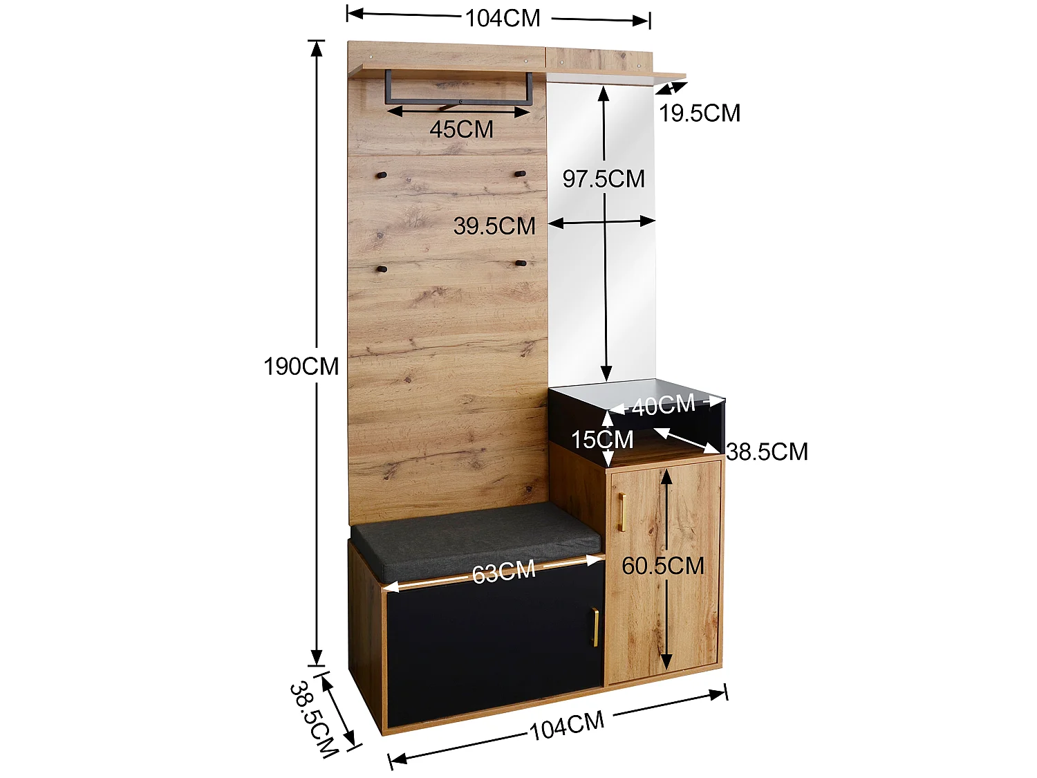Schuhschrank-Set + Schuhbank + Spiegel + Garderobenständer – Spanplatte und MDF – Natur und Schwarz